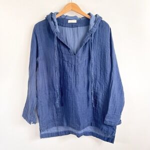 CP Shades Linen Cotton Blend Pullover Hoodie Tunic Top Size Medium Blue Pockets